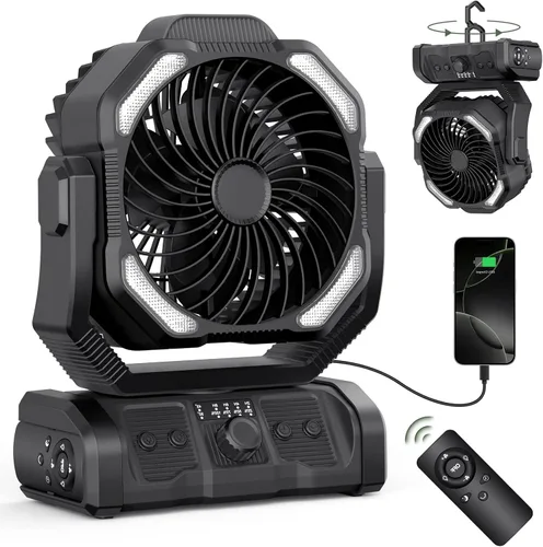 Vista 12 de ONLYNEW Ventilador portátil recargable de 20000 mAh, ventilador alimentado por batería inalámbrica con linterna LED, USB C operado por batería