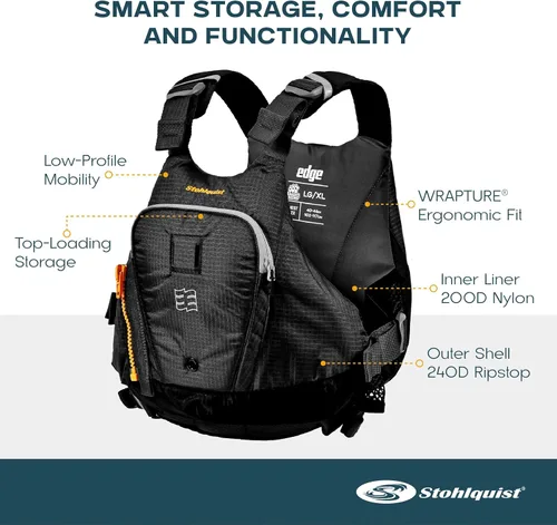 Vista 3 de Stohlquist Chaleco salvavidas Edge para adultos y niños, aprobado por la Guardia Costera de Estados Unidos, nivel 70N, para aguas bravas, kayak, SUP