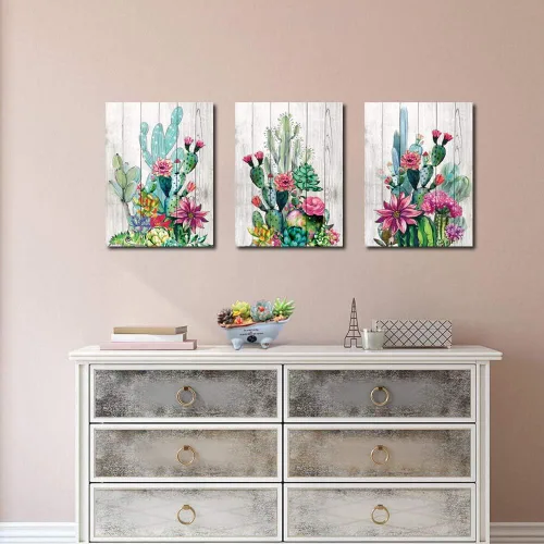 Vista 7 de 3 piezas enmarcadas de arte para pared, acuarela, plantas tropicales, cactus del desierto, impresión en lienzo para dormitorio, baño, flores