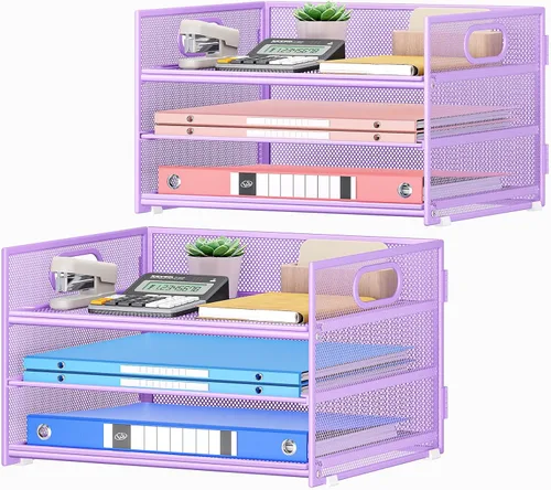Vista 22 de SUBEKYU 2 paquetes de organizador de bandejas de cartas de 3 niveles para escritorio, organizador clasificador de archivos de malla metálica negra