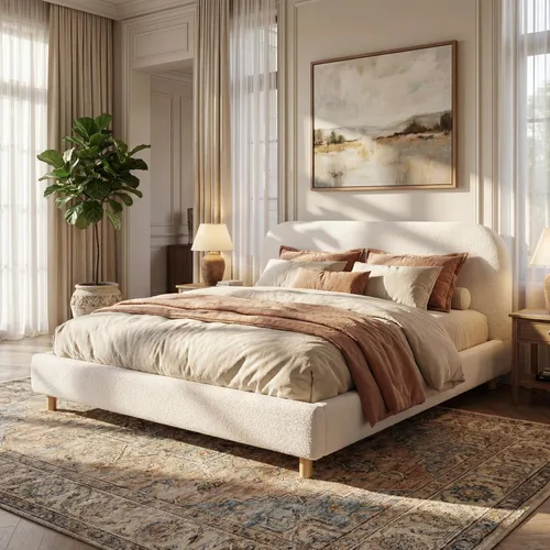 Vista 16 de Merax Cama de plataforma tapizada de tela Boucle tamaño Queen con cabecera curvada, marco de cama de madera moderno con patas cilíndricas para Crema