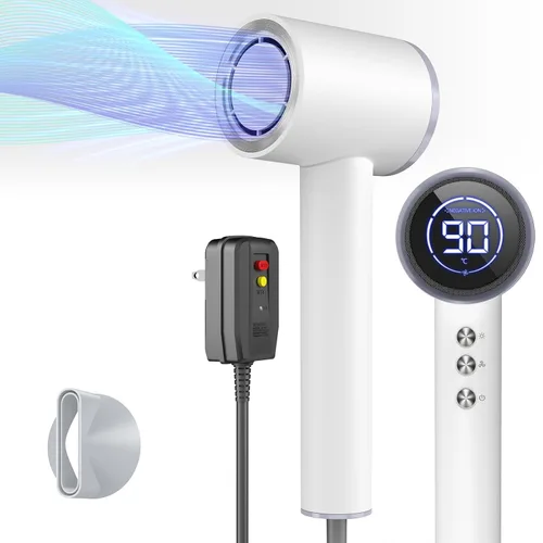 Vista 7 de Secador de pelo con difusor, 110000RPM de alta velocidad profesional para secado rápido, iónico con boquilla magnética y pantalla LED, portátil