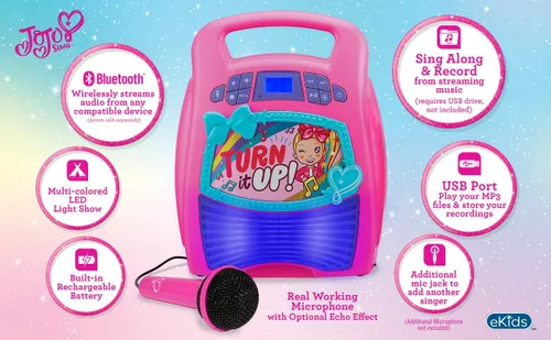 Vista 4 de ekids JoJo Siwa - Máquina de karaoke con Bluetooth, altavoz portátil Bluetooth con micrófono para niños, altavoz con puerto USB para reproducir