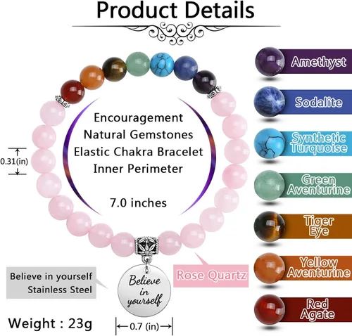 Vista 4 de Jovivi - Pulsera de 7 chakras con piedras preciosas naturales, cuentas de yoga, cristales curativos reiki, cuentas elásticas con abalorio inspirador