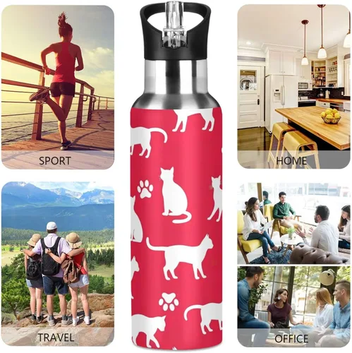 Vista 5 de Insulated Stainless Steel Water Bottle with Straw 32 Oz, Leakproof Water Bottles for Gym Outdoor Travel School, White Cat Paw Prints Red