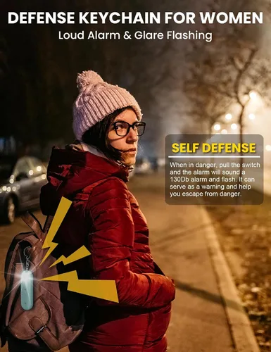 Vista 3 de Llavero de alarma de seguridad personal para mujeres, llavero de autodefensa fuerte de 130 dB con luz estroboscópica LED, dispositivos de sirena