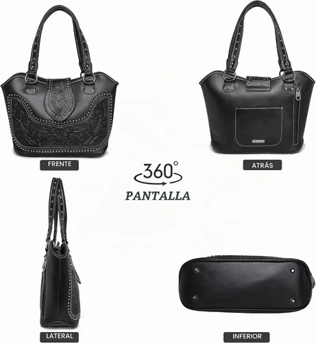 Vista 2 de Montana West - Bolso estilo tote occidental para mujeres, bolso de hombro con grabado. Bolsos y carteras para damas A-tooling Negro