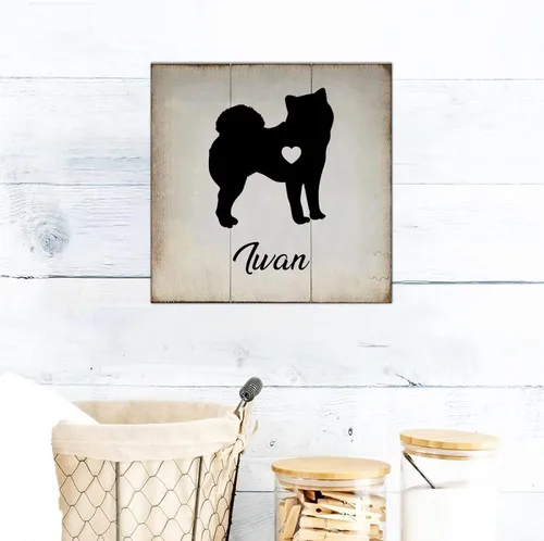Vista 6 de Placa de madera con nombre personalizado de perro Spitz japonés, silueta de corazón, placa de madera para perros que viven aquí casa de campo, arte