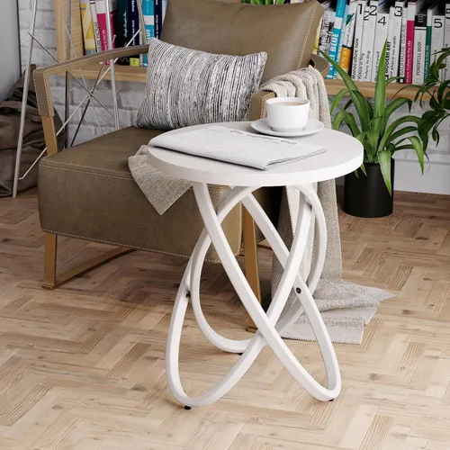 Vista 9 de COZAYH Mesa auxiliar redonda estilo granja de madera, mesa lateral rústica soporte para plantas con diseño de líneas entrelazadas para sala de Negro