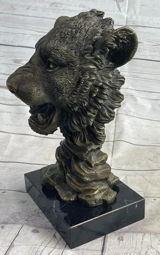 Vista 4 de EUROPEAN BRONZE 100% Escultura de bronce sólido Vida silvestre Animal Cabeza de león Base de mármol Estatuilla Deal Brilliance Hot Cast Hecho a mano