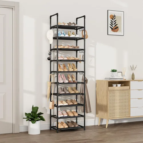 Vista 2 de VTRIN - Estantería alta de 10 niveles para zapatos, con capacidad para 20-25 pares de zapatos, organizador vertical resistente con 18 ganchos