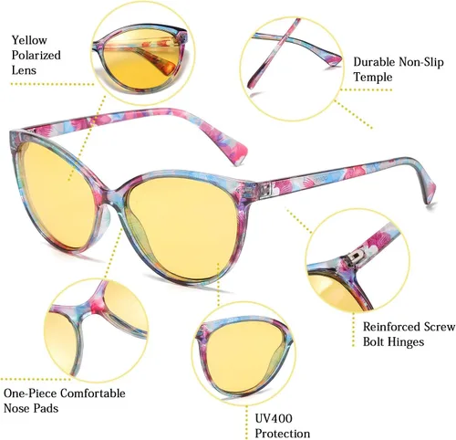 Vista 5 de TJUTR Paquetes de lentes de conducción nocturna para mujer, lentes amarillas polarizadas HD que reducen el deslumbramiento, seguridad nocturna