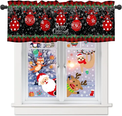 Vista 33 de Cenefa de cortina con lazo rojo de Navidad para ventanas, sala de estar, cocina, baño, granja, bolas de Navidad de acuarela con diseño de bayas