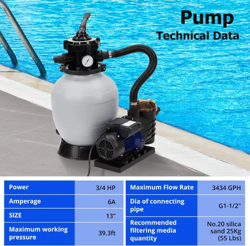 Vista 5 de Bomba de filtro de arena de 13 pulgadas, filtro de arena de piscina de 3434 GPH de 3/4 HP para piscinas sobre el suelo y enterradas de hasta 8500