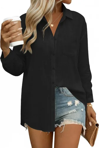 Vista 17 de HOTOUCH Camisas de manga larga con botones para mujer, blusas de lino y algodón, casuales, con cuello holgado, de gasa con bolsillo