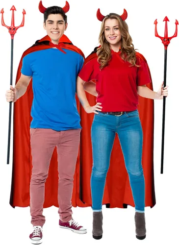 Vista 4 de Disfraz de diablo de Halloween, capa de vampiro, reversible, capa de cuernos, diadema roja brillante para Halloween