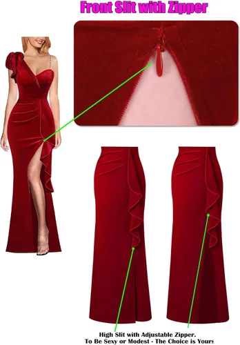 Vista 6 de VFSHOW Vestido largo de fiesta formal con volantes y tirantes para el hombro, para mujer, vestido largo sexy con cuello en V dividido para cóctel