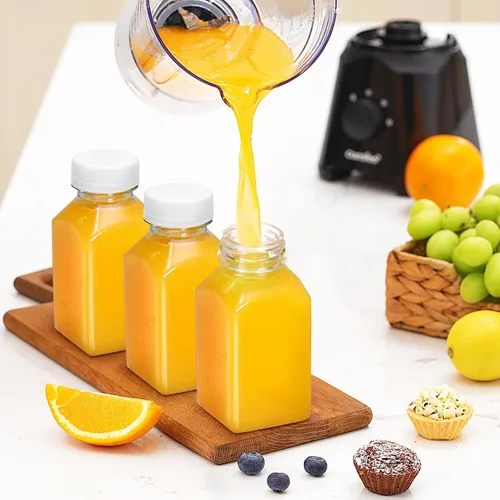 Vista 6 de Botellas de jugo de plástico, recipientes reutilizables para jugo con tapas blancas a prueba de manipulaciones, cepillo, embudo y etiquetas
