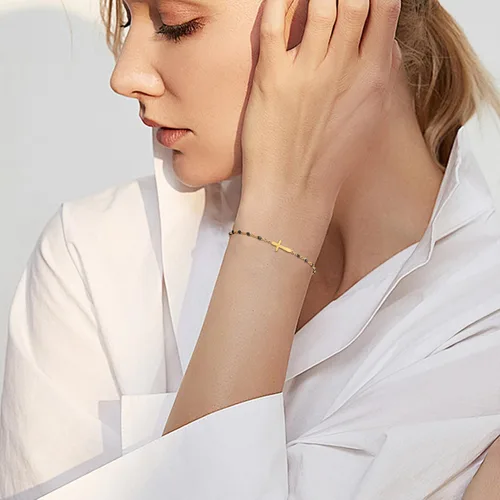Vista 3 de Pulsera de Cuentas con Cruz Chapada en Oro de 14K para Mujeres, Pulsera de Acero Inoxidable Ajustable con Cruz de Fe Religiosa, Pulsera de Cadena