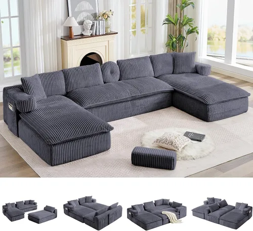Vista 29 de Sofá grande sin hueso de 125 pulgadas con diván, moderno sofá modular con asiento profundo, sofá tapizado de pana en forma de U para sala de estar