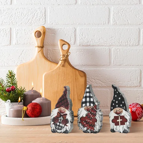 Vista 6 de Smile - 3 carteles de Navidad con bloques de madera, gnomos, regalos de gnomos, bandeja escalonada, para estante de mesa del hogar.