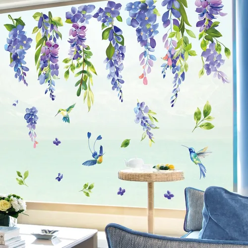 Vista 2 de Wondever Etiqueta engomada de cristal de hoja floral de colibrí colgante de flores de primavera azul púrpura etiqueta de ventana estática de doble