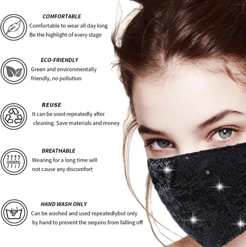 Vista 5 de 6 máscaras faciales lavables con purpurina para mujer. Transpirables, reutilizables, ajustables, a la moda, con bolsillo.