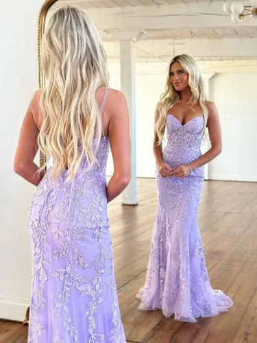 Vista 4 de TIRAS Vestidos de fiesta de sirena con tirantes delgados y apliques de encaje para mujer, vestido largo de tul 2023, vestido formal de noche CM177