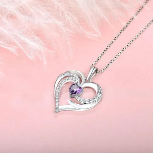 Vista 4 de STARCHENIE Collar de piedra natal de corazón de plata de ley 925 con colgante de corazón de ala de ángel para mujer