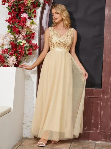 Vista 4 de Tidinesslife Elegante vestido de fiesta de noche con lentejuelas para mujer, vestido formal con cuentas y cuello en V para invitadas de boda