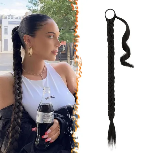 Vista 45 de Barsdar Extensión de 26 Pulgadas de Cola de Caballo Trenzada Larga con Banda Elástica - Extensiones de Cabello en Cola de Caballo Recta y Elegante