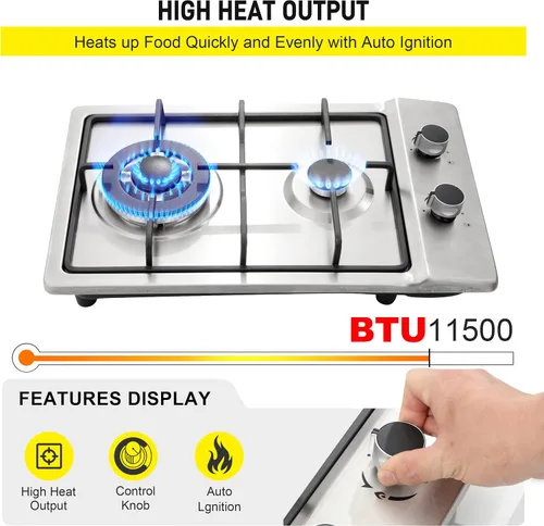 Vista 3 de Cocina de gas de 12 pulgadas, estufa de gas integrada de 2 quemadores de acero inoxidable con kit de conversión de NG/LPG, protección de termopar
