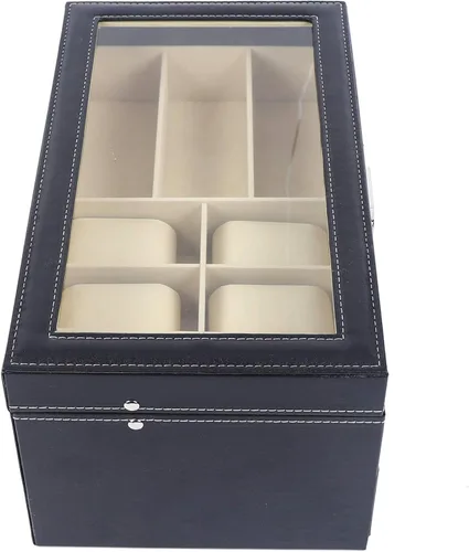 Vista 7 de YIYIBYUS Caja de 6 relojes de cuero negro y 9 piezas de almacenamiento de lentes y gafas de sol organizador de caja con cerradura para gafas de sol
