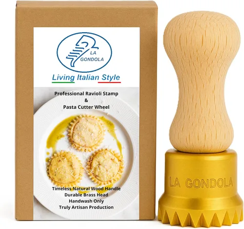 Vista 8 de La Gondola Sello casero para ravioles – redondo suave 1.5 pulgadas Herramienta para hacer pasta italiana para el hogar y negocios Latón y madera
