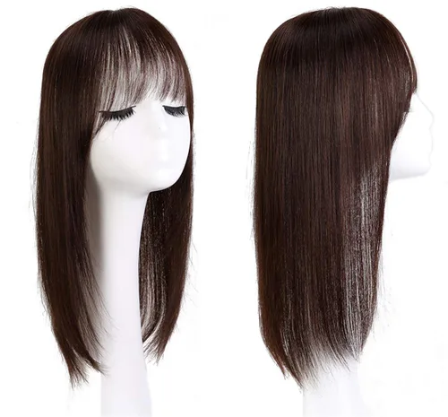 Vista 6 de Peluca de cabello humano real para mujer, con flequillo, 8 pulgadas, color marrón oscuro