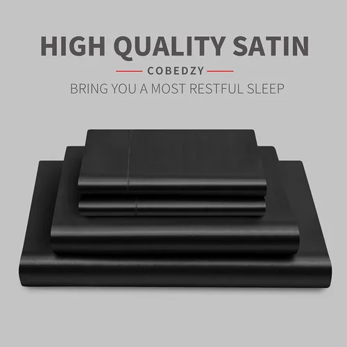 Vista 2 de juego de 3 sábanas de satén negro tamaño Twin XL, juego de sábanas de satén sedoso con 1 sábana bajera con bolsillo profundo, 1 sábana encimera, 1