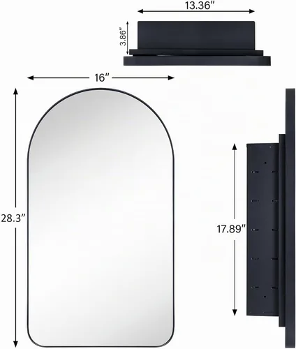 Vista 7 de Botiquín de baño empotrado en arco dorado cepillado con espejo de acero inoxidable con marco de metal rectangular con espejo de 16 x 28.3 pulgadas