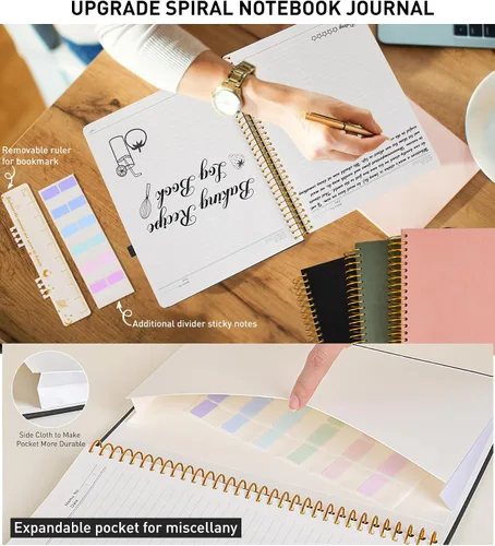 Vista 6 de Cuaderno de espiral A4 de 8.5 x 11 pulgadas, 256 páginas numeradas, de tapa dura, de cuero, para mujeres y hombres, cuadernos grandes rayados