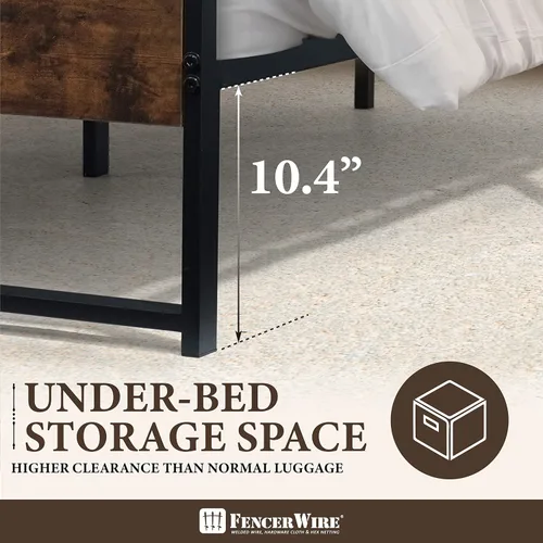 Vista 4 de Fencer Wire Base de cama de metal con cabecera y estribo de madera modernos, base de colchón, plataforma de metal con marco de acero, sin ruido,