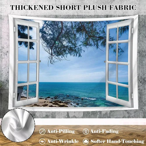 Vista 4 de Tapiz azul para ventana de playa y océano para colgar en la pared, árbol costero, paisajes naturales, arte lindo y pequeño tapiz estético