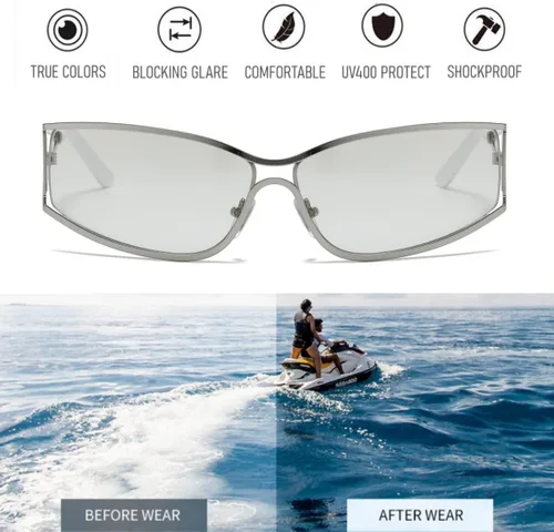 Vista 3 de Gafas de sol Y2K para mujeres y hombres, estética, accesorios de atuendo de los años 2000, lentes ovalados Y2K, marco de metal, persianas envolventes