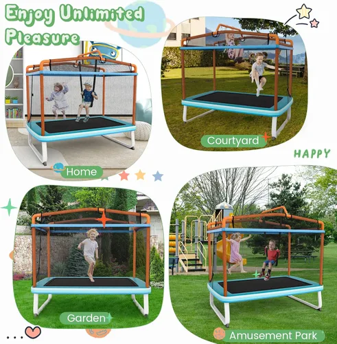 Vista 7 de Giantex - Cama elástica de 6 pies rectangular con columpio, cama elástica mini para niños aprobada por ASTM con red, barra horizontal, cierres