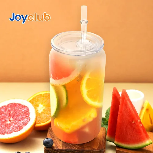 Vista 7 de Joyclub Paquete de 4 tapas acrílicas para vasos de vidrio de 16 onzas con tapas de bambú y pajitas, vasos reutilizables para café helado, vasos
