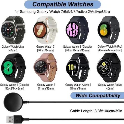 Vista 2 de Cargador para Samsung Galaxy Watch 7 Ultra/6/5/4/3/Active 2/Active, cable de carga de repuesto para Samsung Galaxy Watch (3.3 pies/3.3 ft)