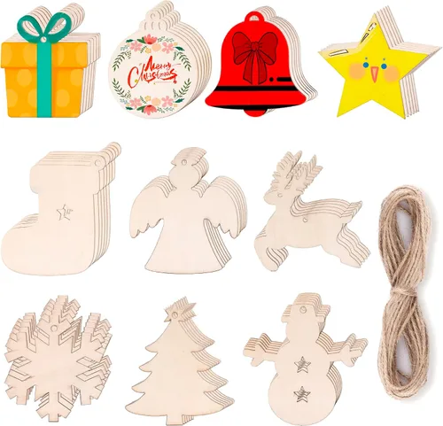 Vista 8 de 60 piezas de rebanadas de madera, adornos navideños de madera de 3.5 pulgadas, círculos de madera preperforados sin terminar para centros de mesa
