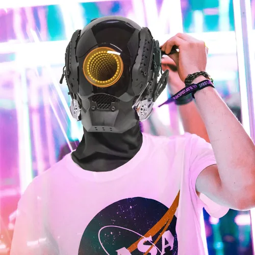 Vista 7 de foymi Máscara de casco punk - Máscara futurista con luces de espejo infinito, máscara Techwear, disfraz de cosplay