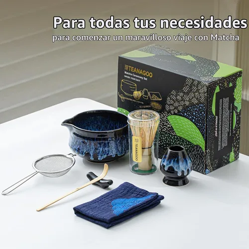 Vista 5 de TEANAGOO 7 piezas juego de batidor matcha, juego de matcha para ceremonia, juego de matcha Junware-Azul, juego de té matcha para hacer Azul Pro