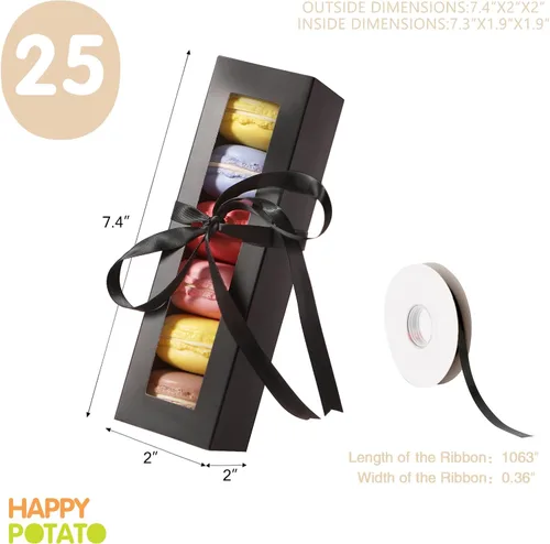 Vista 4 de HAPPY POTATO Paquete de 25 cajas de macarrones para 6, 7.2 x 1.9 x 1.9 pulgadas, cajas de embalaje de macarrones, cajas de macarrón negro