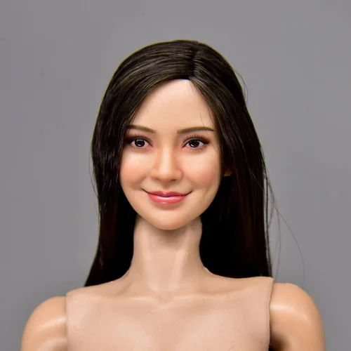 Vista 6 de Esculpa de cabeza femenina a escala 1/6, cabeza de cabello plantado de niña asiática tallada para figura de acción de 12 pulgadas (pelo liso negro)