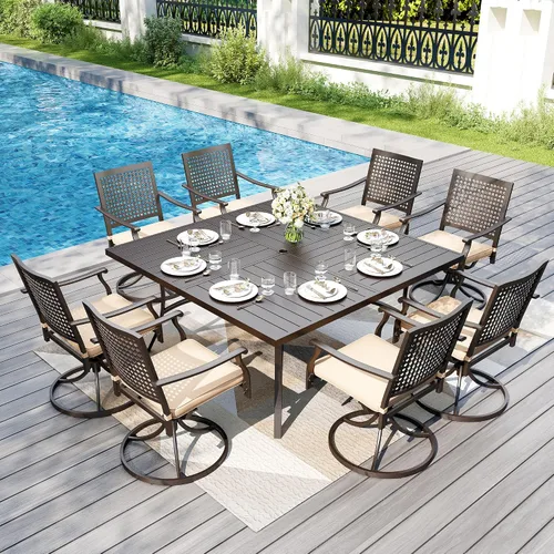 Vista 28 de PHI VILLA Juego de comedor al aire libre de 5 piezas para 4, sillas apilables con cojines y mesa cuadrada de madera de 37 pulgadas con agujero
